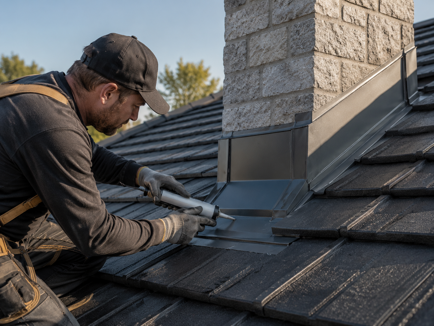 Close-up of replaced ridge capping and flexible pointing on Brisbane tile roof